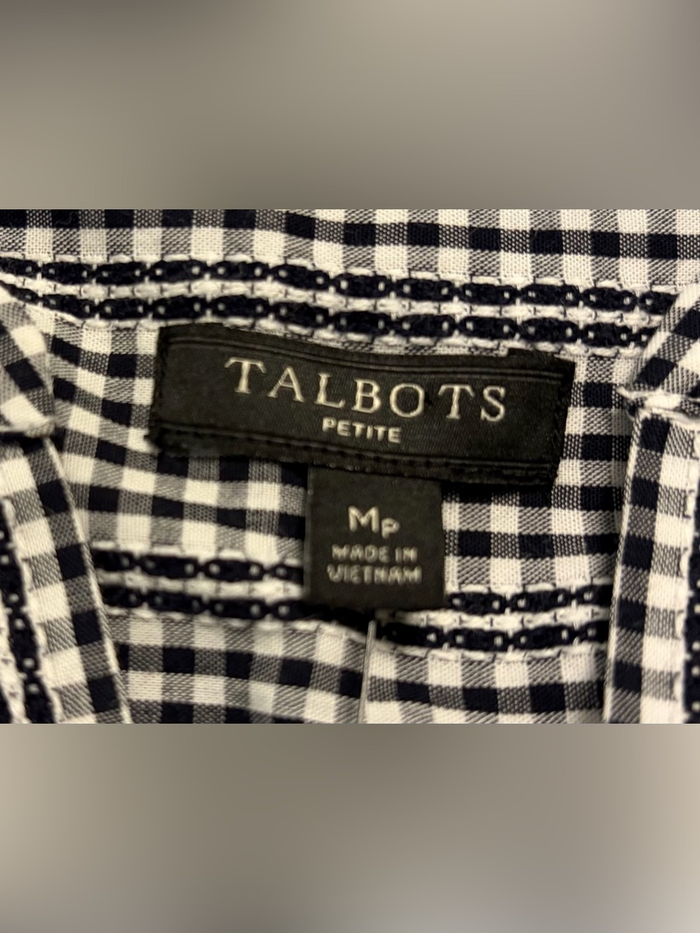 Talbots Gingham Split-Neck Tunic Top Black White 3/4 Sleeve Cotton Medium Petite